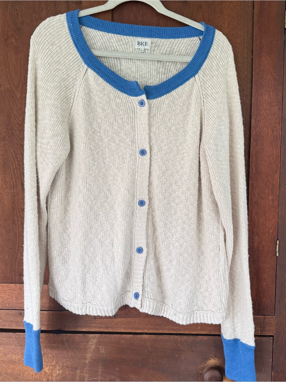 BKE Cream Cardigan with Blue Trim and Buttons